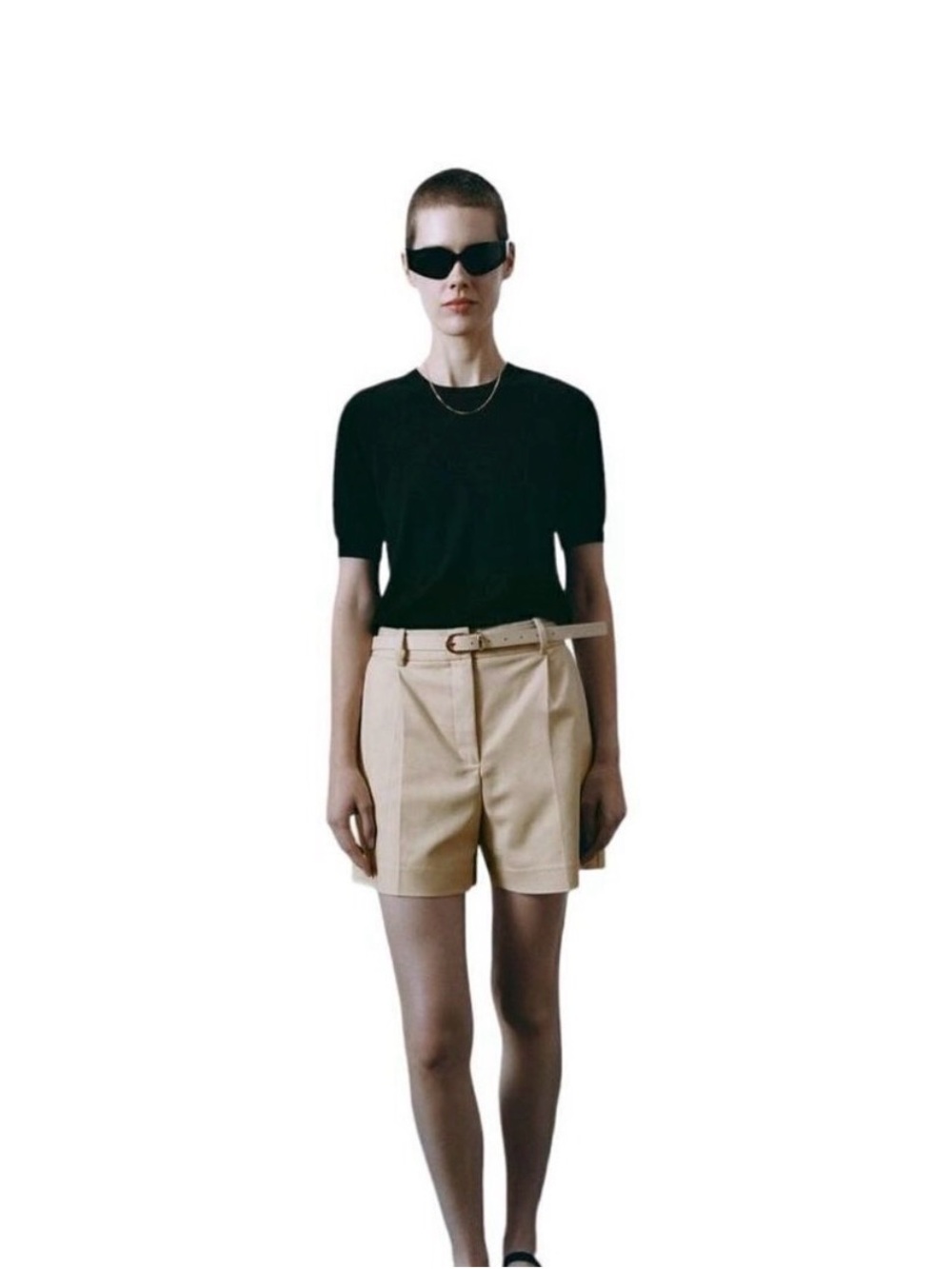 Zara Beige High-Waist Pleated Bermuda Shorts
